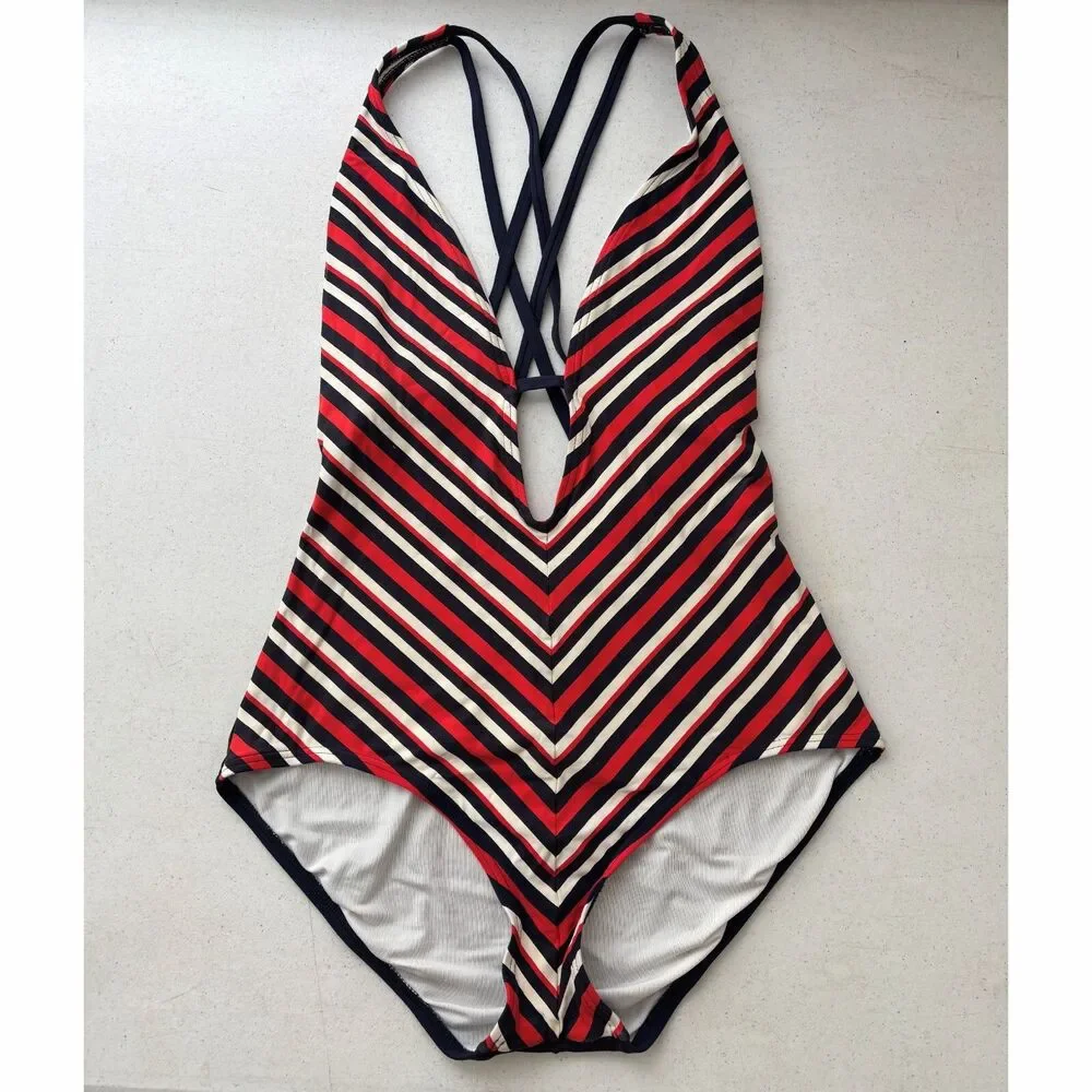 Tommy Hilfiger Y2K Womens One Piece Swimsuit Size 10 Deep V Americana Stripe